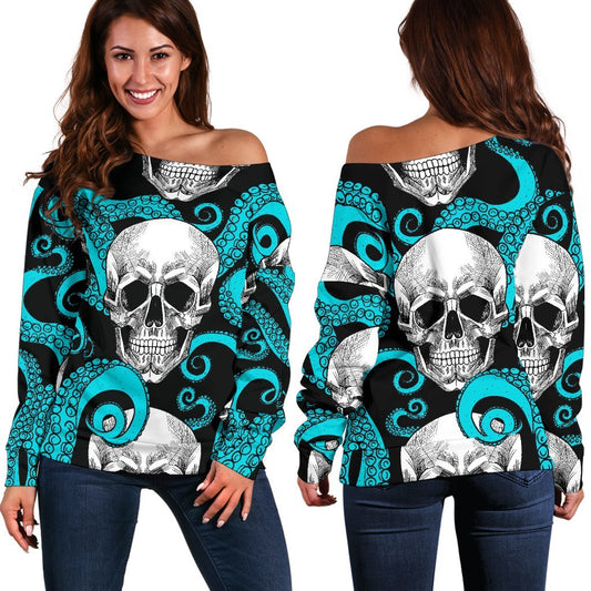 Octopus Tentacles Skull Pattern Print Off Shoulder Sweatshirt GearFrost