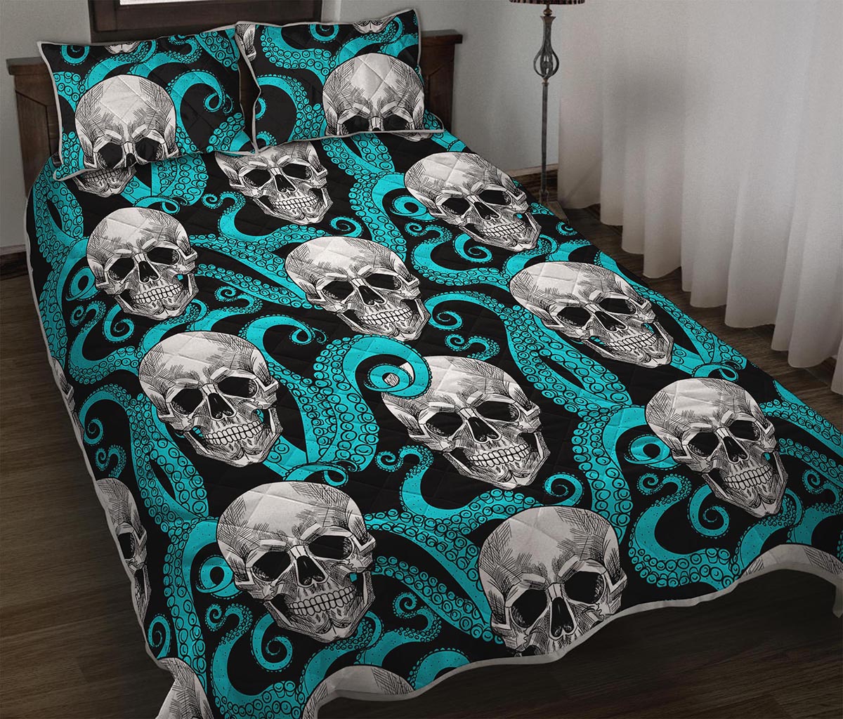Octopus Tentacles Skull Pattern Print Quilt Bed Set