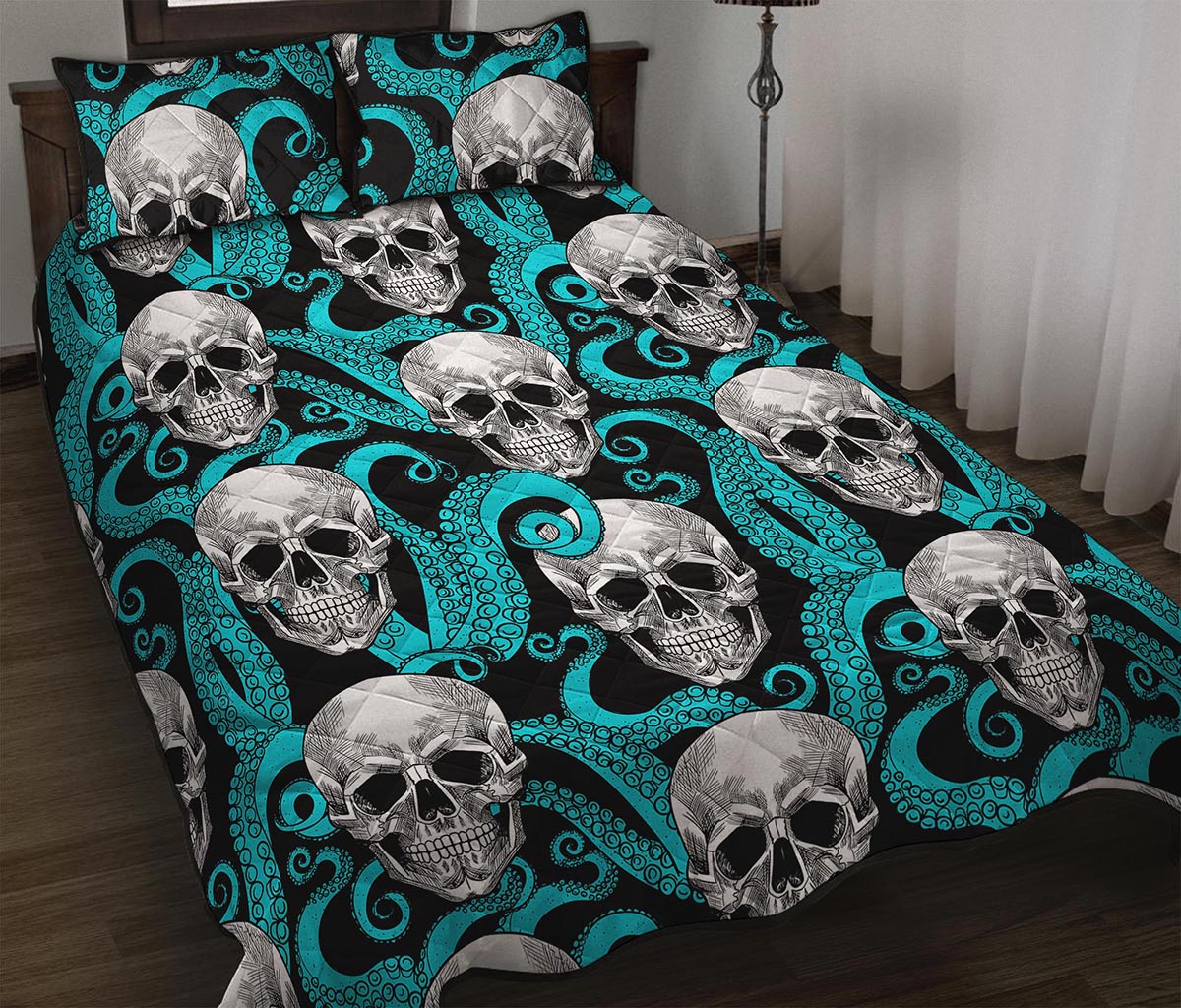 Octopus Tentacles Skull Pattern Print Quilt Bed Set