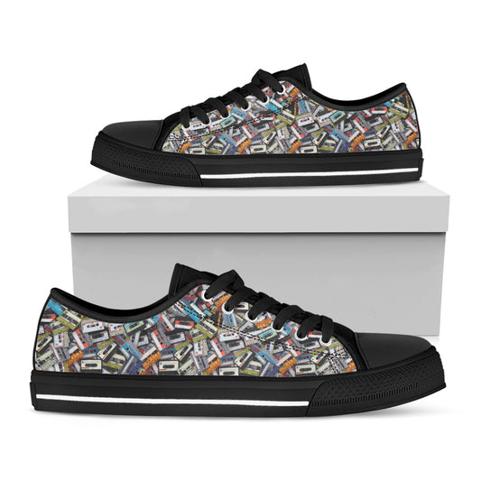 Old Cassette Tape Print Black Low Top Shoes