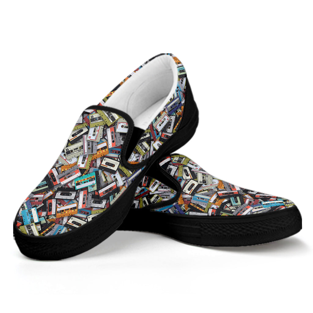 Old Cassette Tape Print Black Slip On Shoes