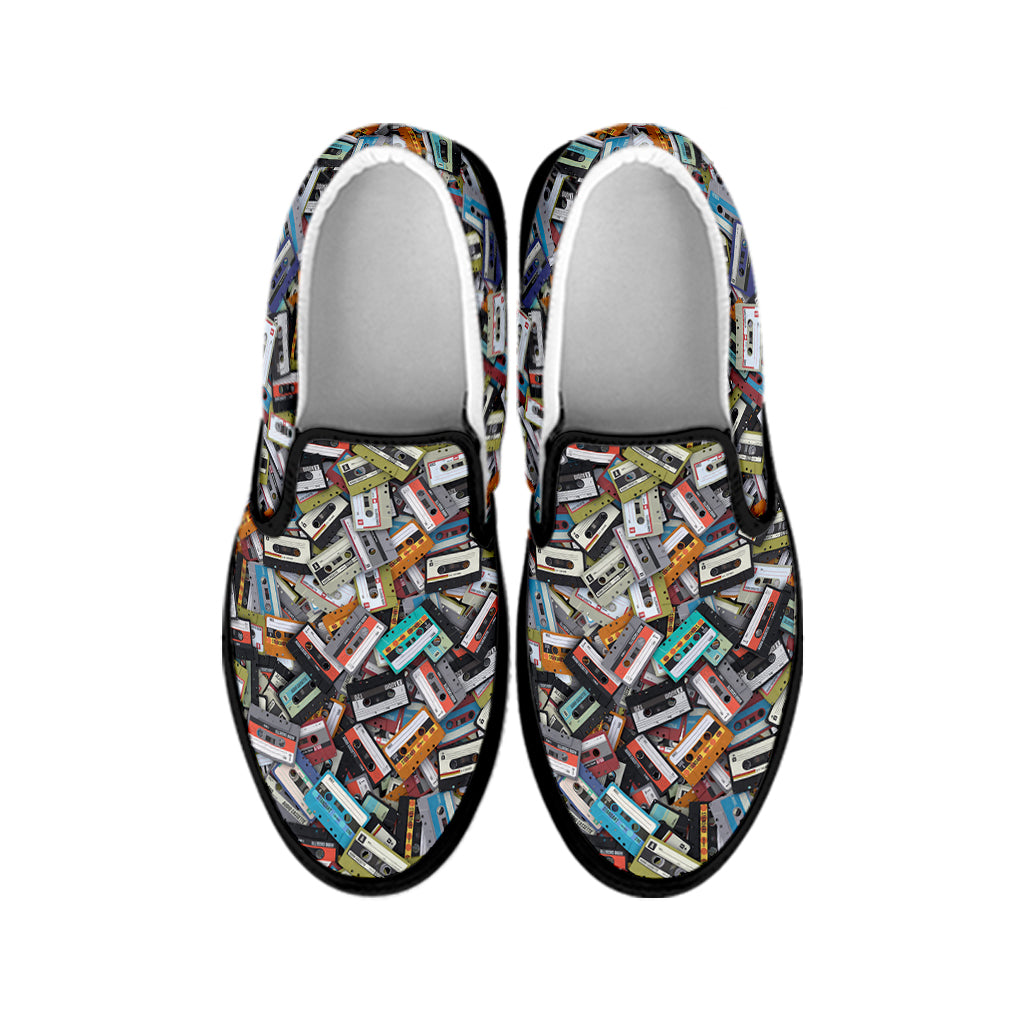 Old Cassette Tape Print Black Slip On Shoes