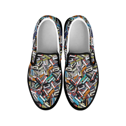 Old Cassette Tape Print Black Slip On Shoes