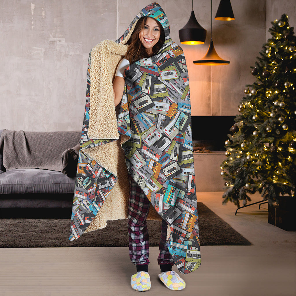 Old Cassette Tape Print Hooded Blanket