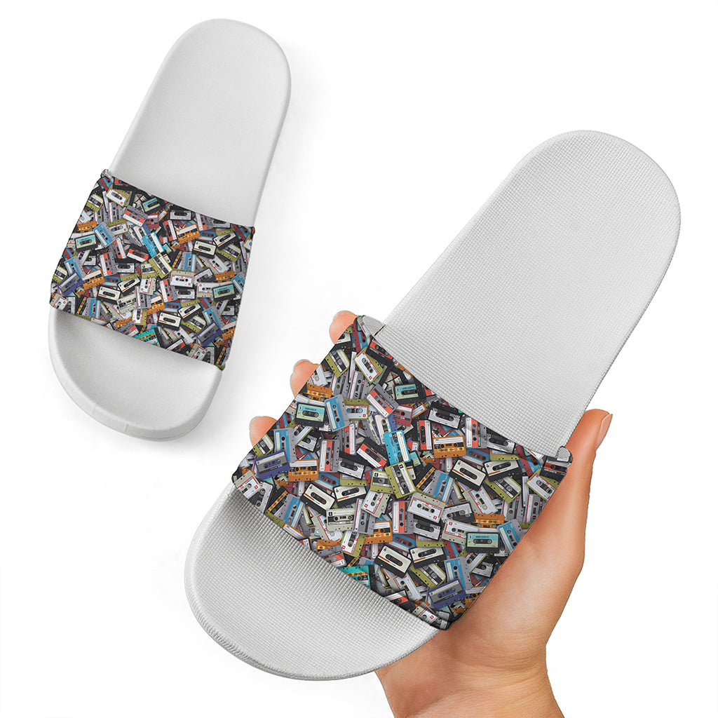 Old Cassette Tape Print White Slide Sandals