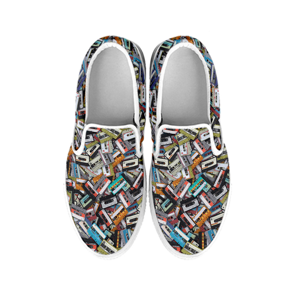 Old Cassette Tape Print White Slip On Shoes