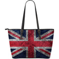 Old Grunge Union Jack British Flag Print Leather Tote Bag With Zipper