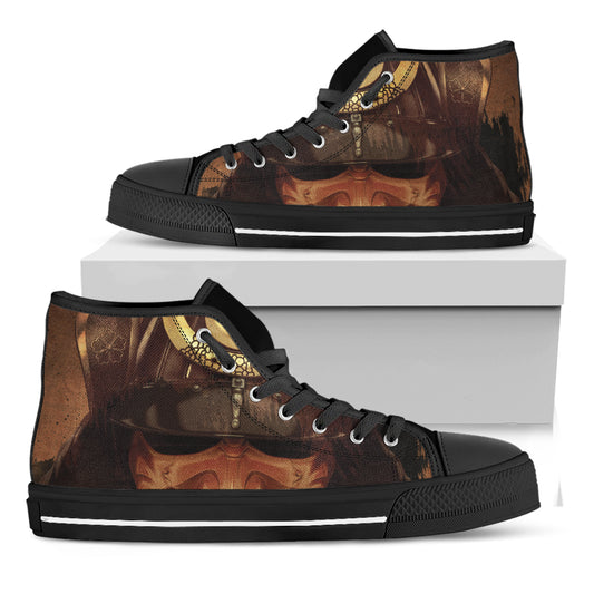 Old Japanese Samurai Mask Print Black High Top Shoes
