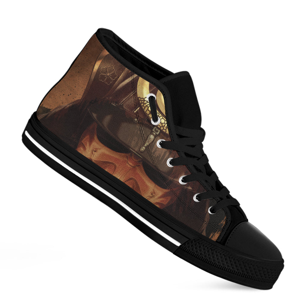 Old Japanese Samurai Mask Print Black High Top Shoes