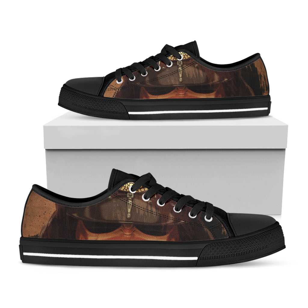 Old Japanese Samurai Mask Print Black Low Top Shoes 
