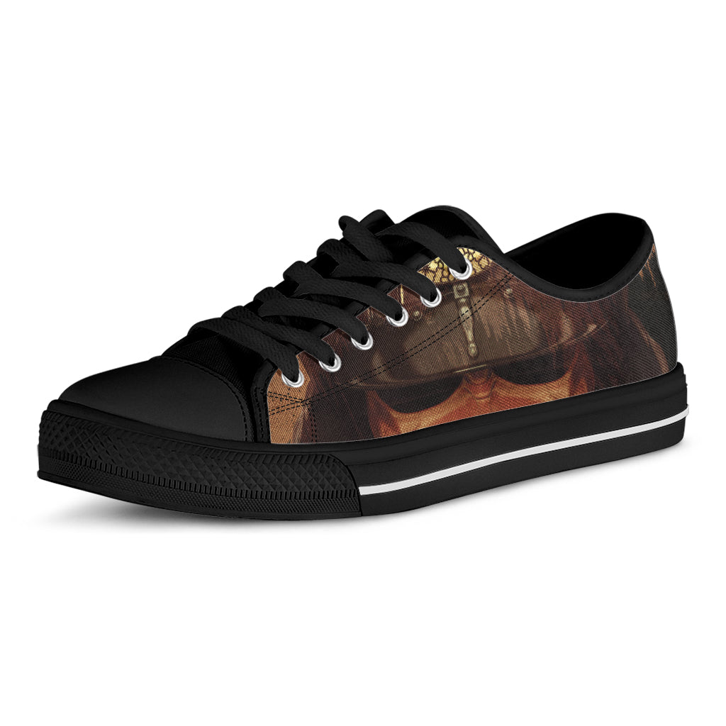Old Japanese Samurai Mask Print Black Low Top Shoes 