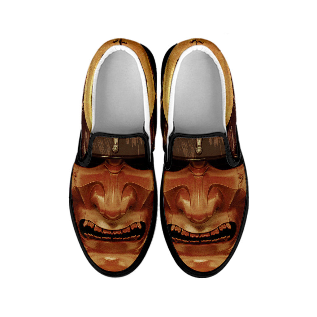 Old Japanese Samurai Mask Print Black Slip On Shoes