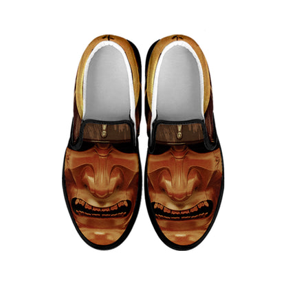 Old Japanese Samurai Mask Print Black Slip On Shoes