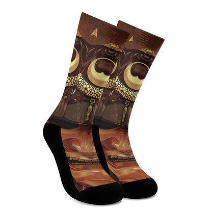 Old Japanese Samurai Mask Print Crew Socks