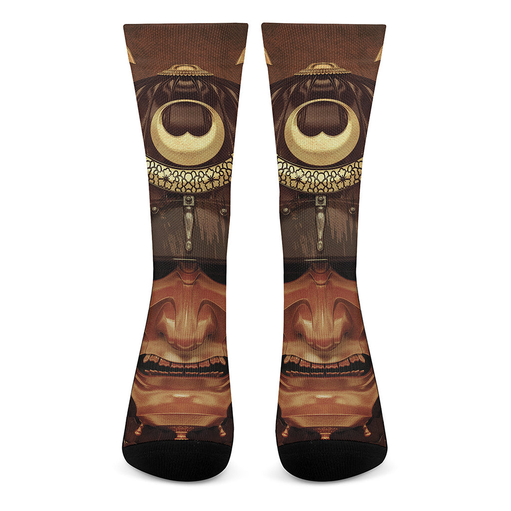 Old Japanese Samurai Mask Print Crew Socks