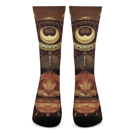 Old Japanese Samurai Mask Print Crew Socks