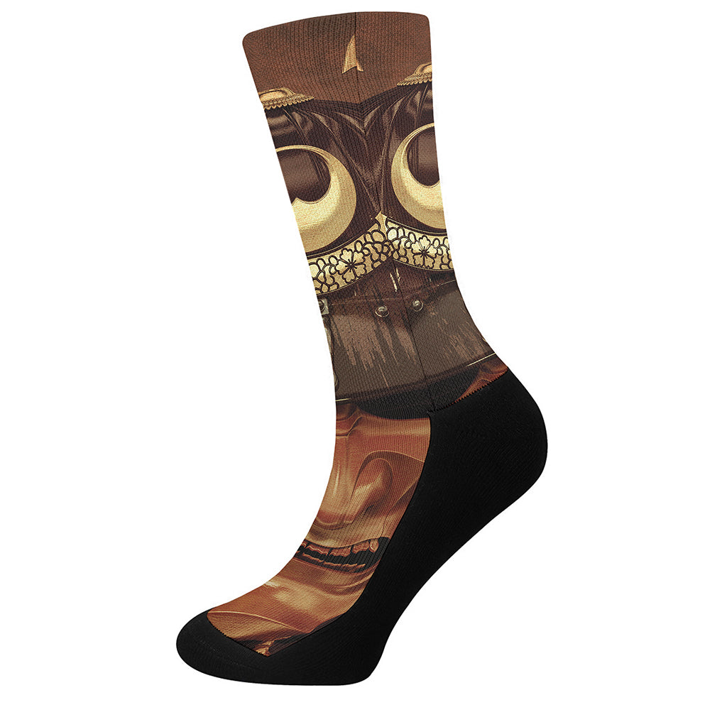Old Japanese Samurai Mask Print Crew Socks