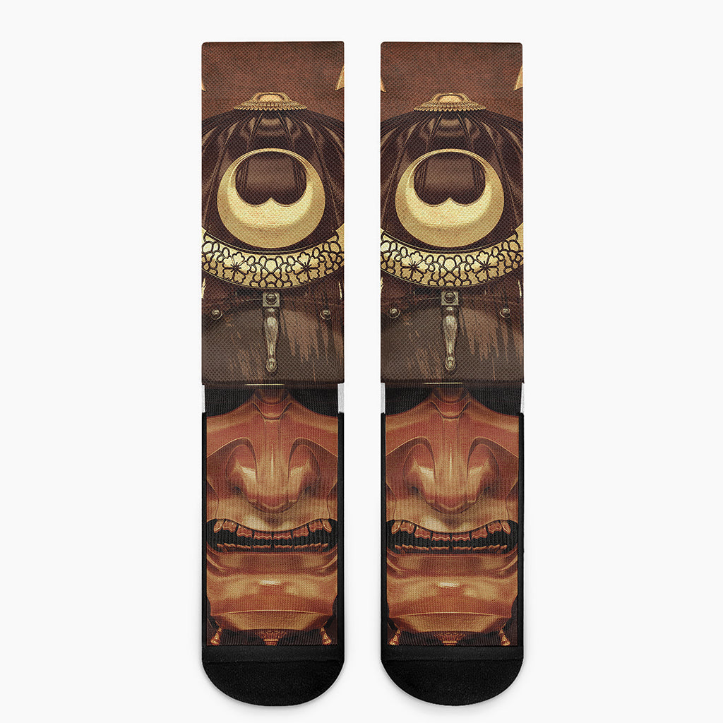 Old Japanese Samurai Mask Print Crew Socks