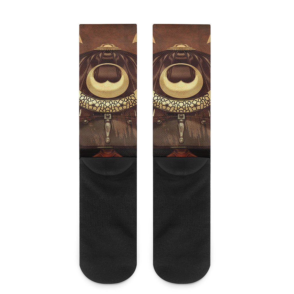 Old Japanese Samurai Mask Print Crew Socks