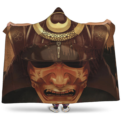 Old Japanese Samurai Mask Print Hooded Blanket