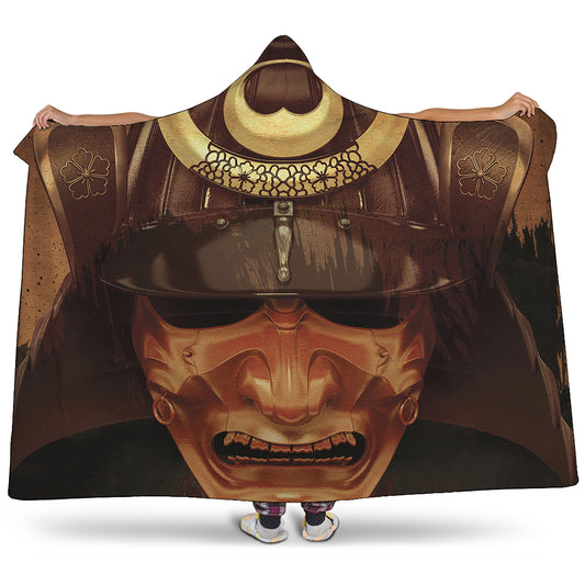 Old Japanese Samurai Mask Print Hooded Blanket