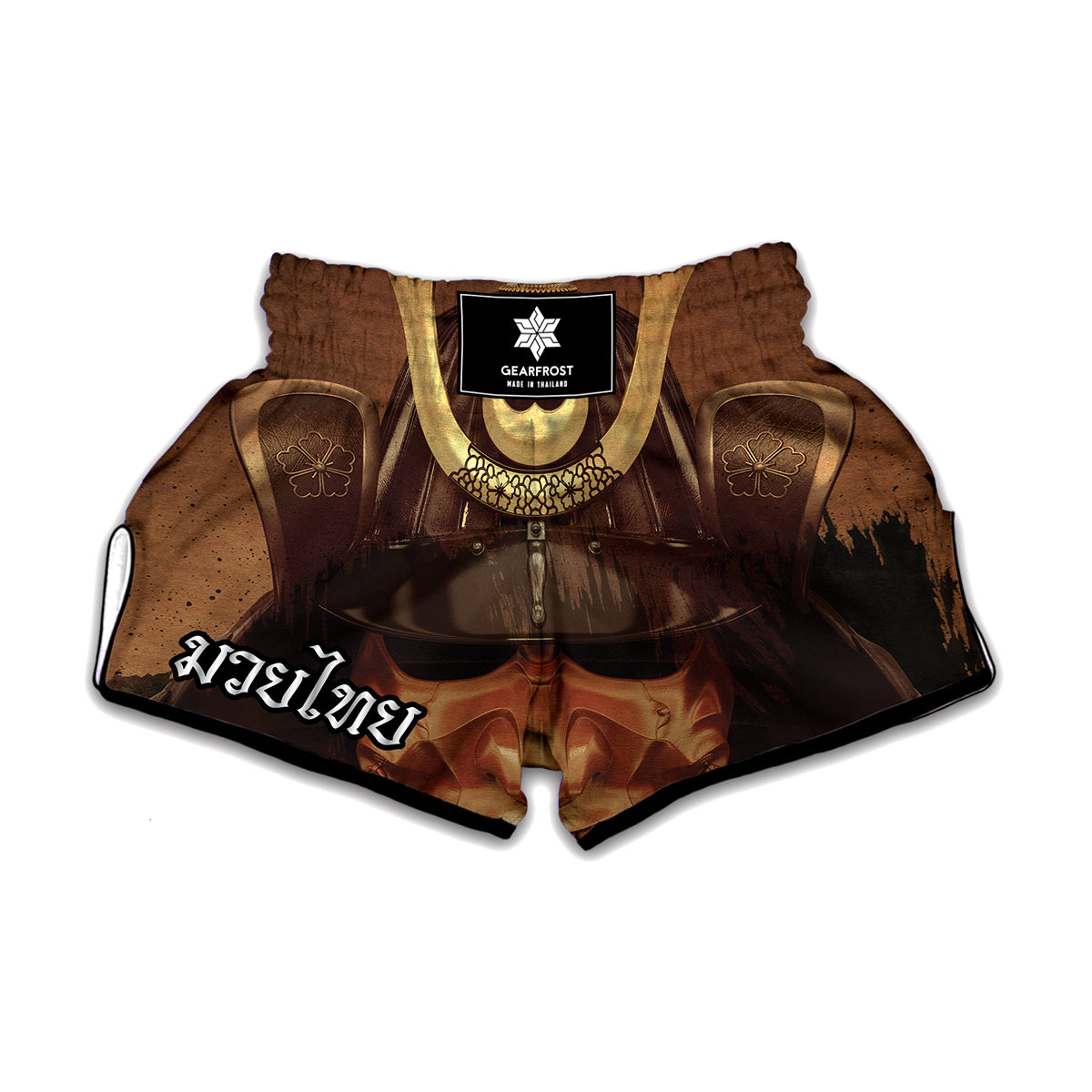 Old Japanese Samurai Mask Print Muay Thai Boxing Shorts