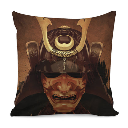Old Japanese Samurai Mask Print Pillow Cover