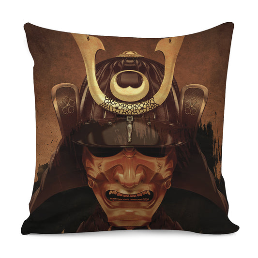Old Japanese Samurai Mask Print Pillow Cover