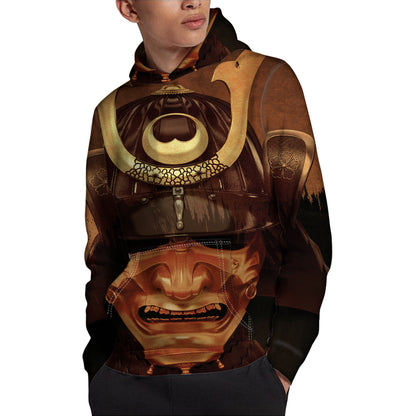 Old Japanese Samurai Mask Print Pullover Hoodie