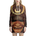 Old Japanese Samurai Mask Print Pullover Hoodie Dress
