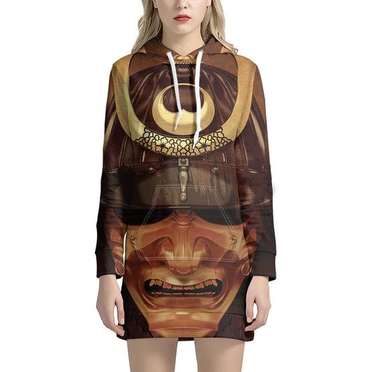 Old Japanese Samurai Mask Print Pullover Hoodie Dress