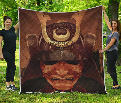 Old Japanese Samurai Mask Print Quilt