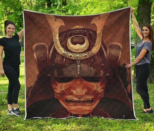 Old Japanese Samurai Mask Print Quilt