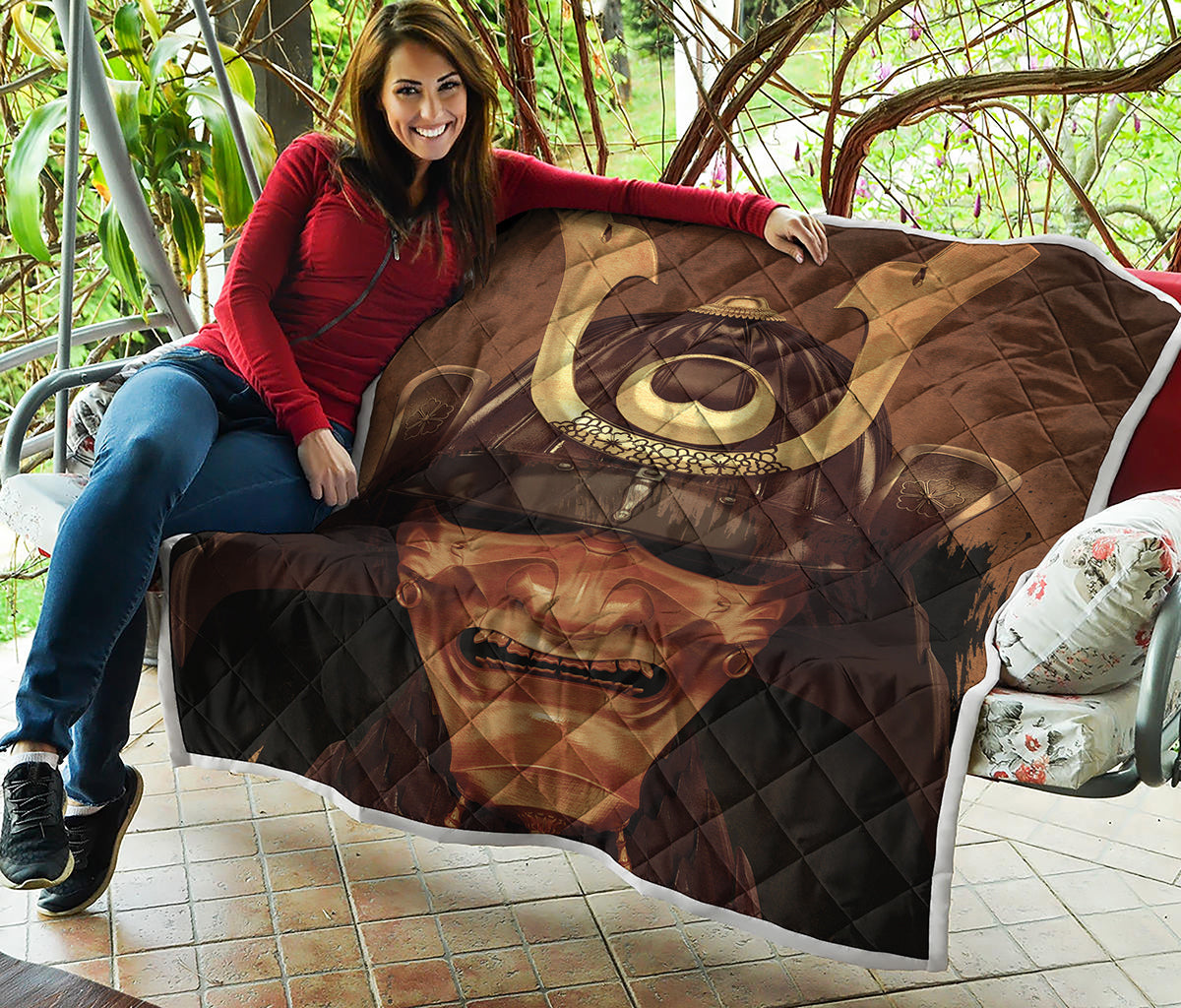 Old Japanese Samurai Mask Print Quilt