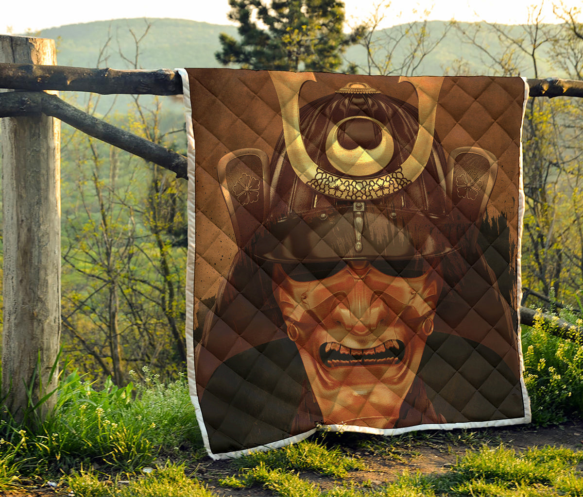 Old Japanese Samurai Mask Print Quilt