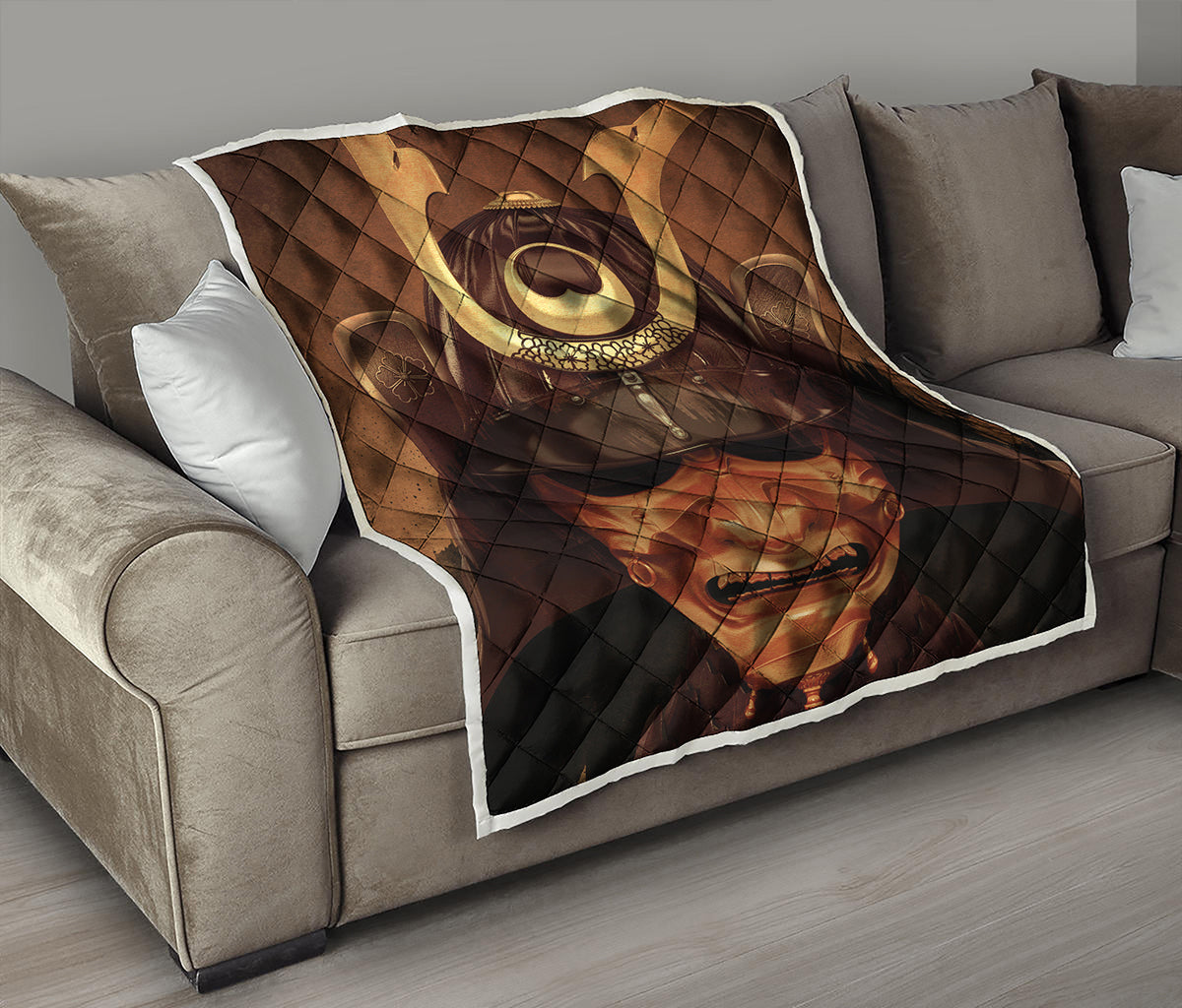 Old Japanese Samurai Mask Print Quilt