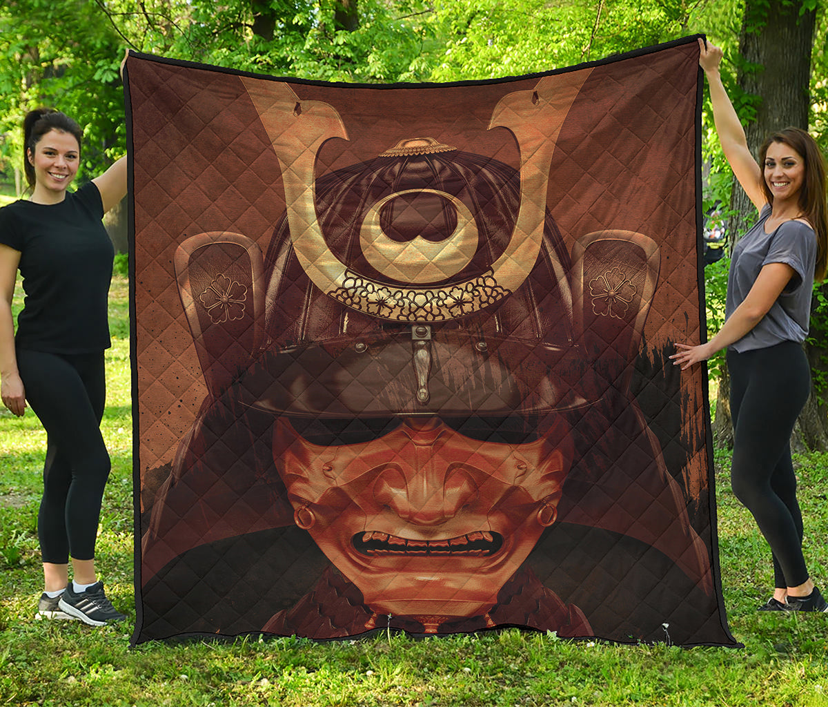 Old Japanese Samurai Mask Print Quilt