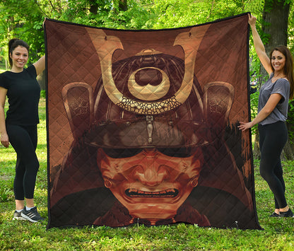 Old Japanese Samurai Mask Print Quilt