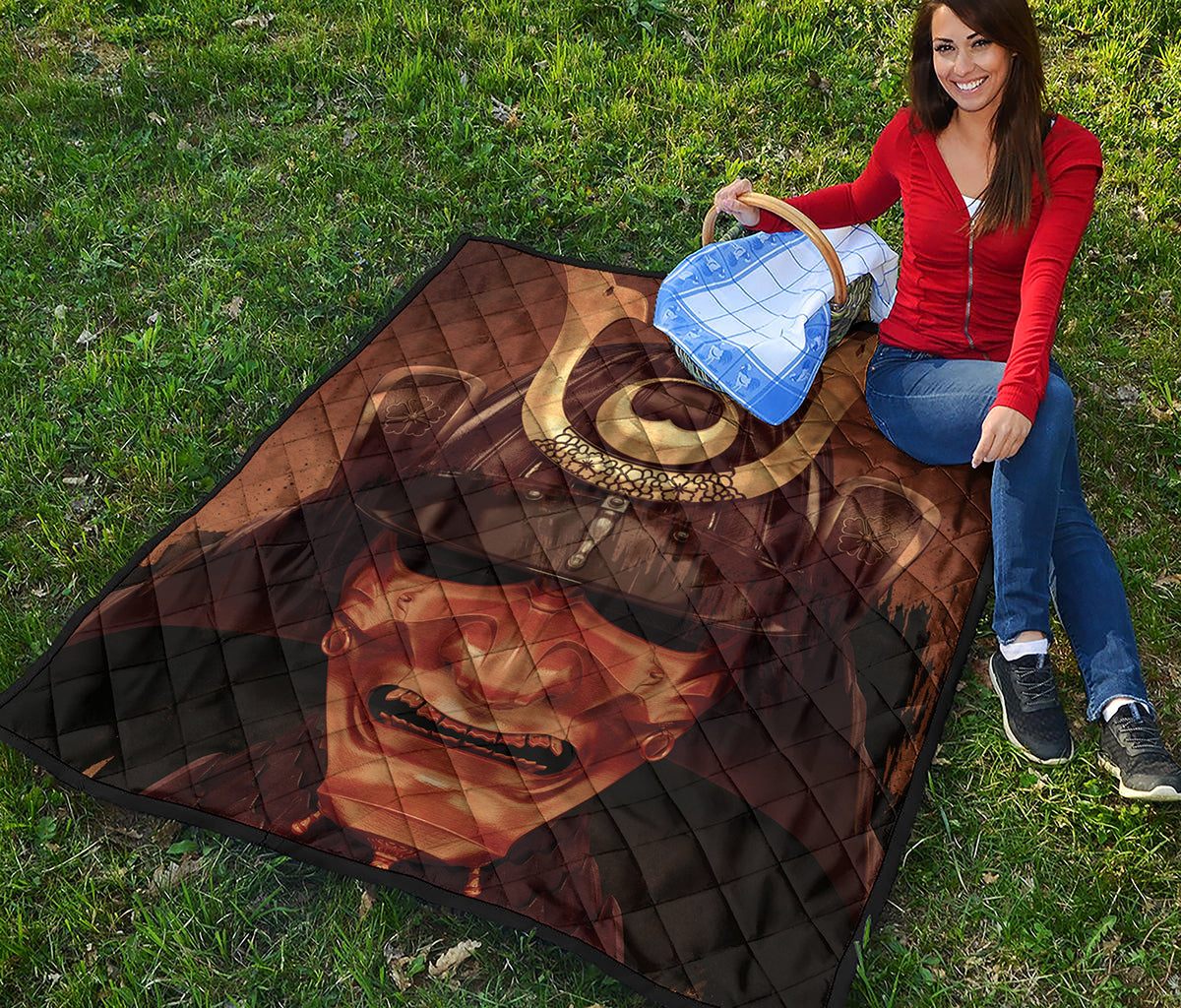 Old Japanese Samurai Mask Print Quilt