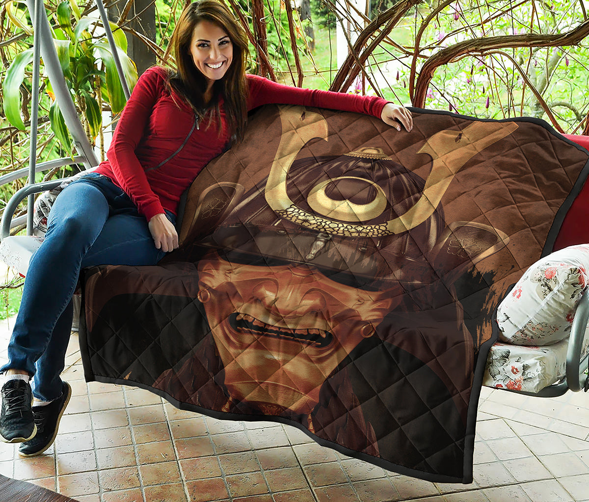 Old Japanese Samurai Mask Print Quilt
