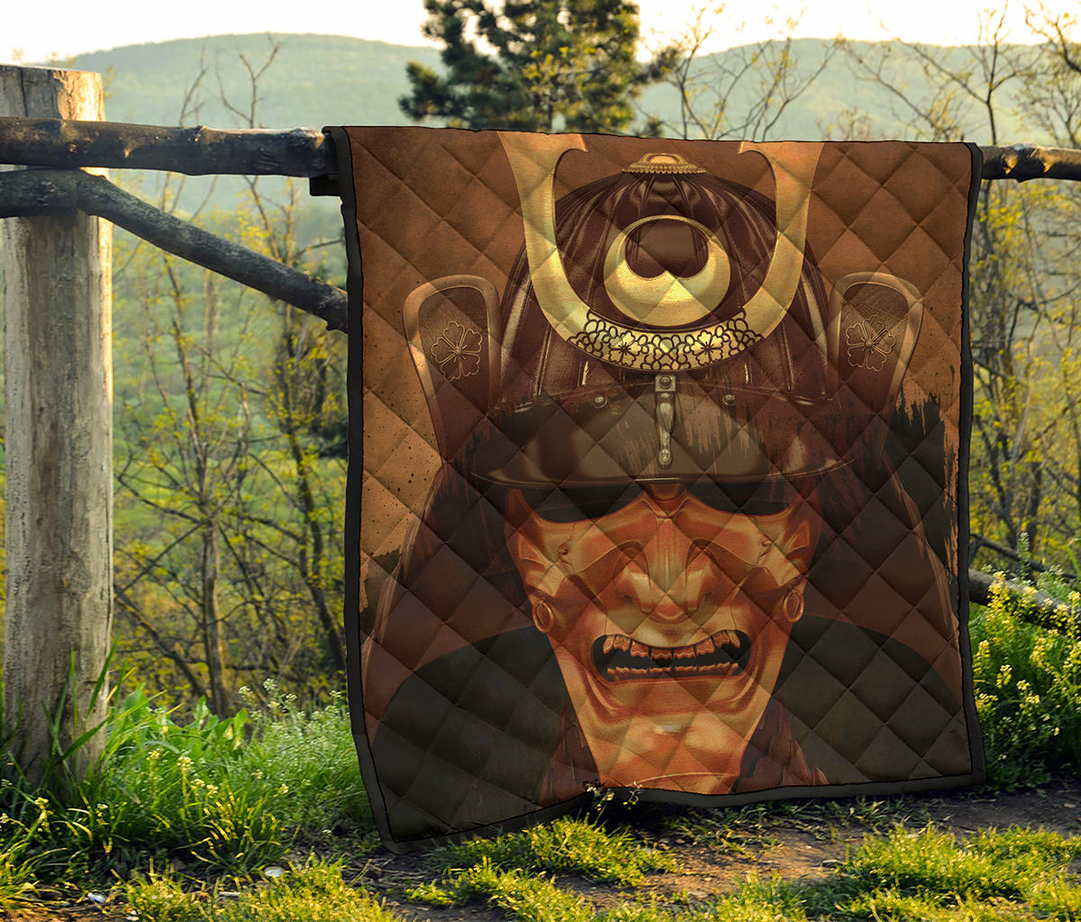 Old Japanese Samurai Mask Print Quilt