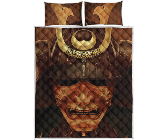 Old Japanese Samurai Mask Print Quilt Bed Set