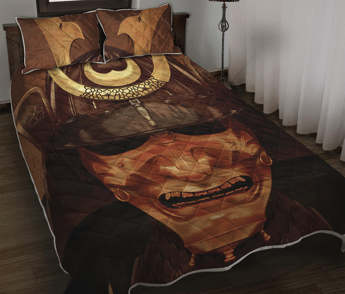 Old Japanese Samurai Mask Print Quilt Bed Set