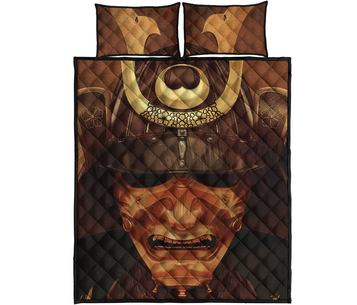 Old Japanese Samurai Mask Print Quilt Bed Set