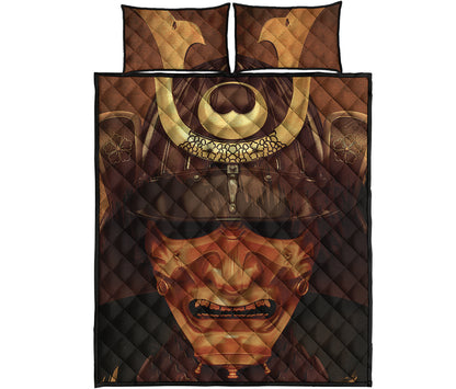 Old Japanese Samurai Mask Print Quilt Bed Set