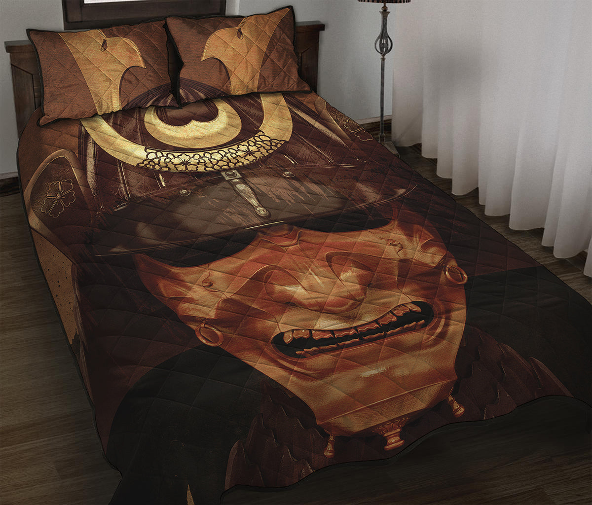 Old Japanese Samurai Mask Print Quilt Bed Set