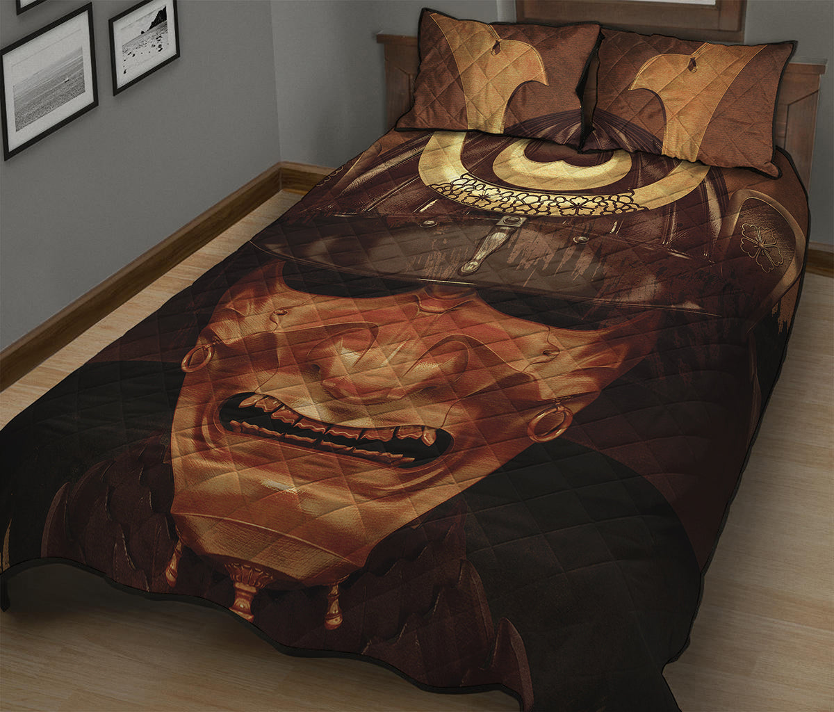 Old Japanese Samurai Mask Print Quilt Bed Set