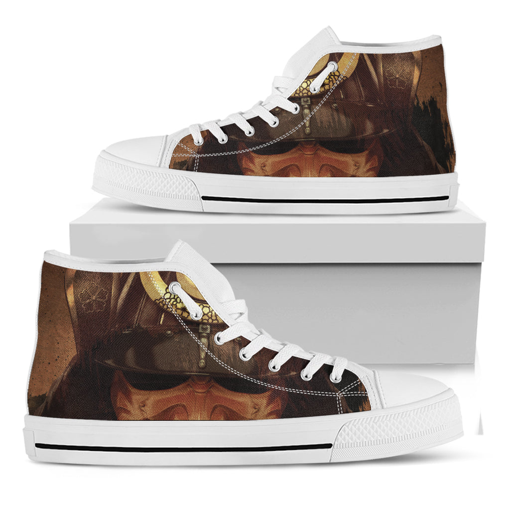 Old Japanese Samurai Mask Print White High Top Shoes