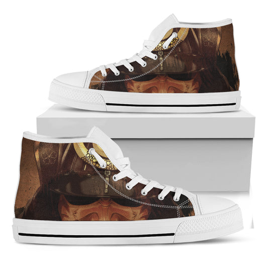 Old Japanese Samurai Mask Print White High Top Shoes