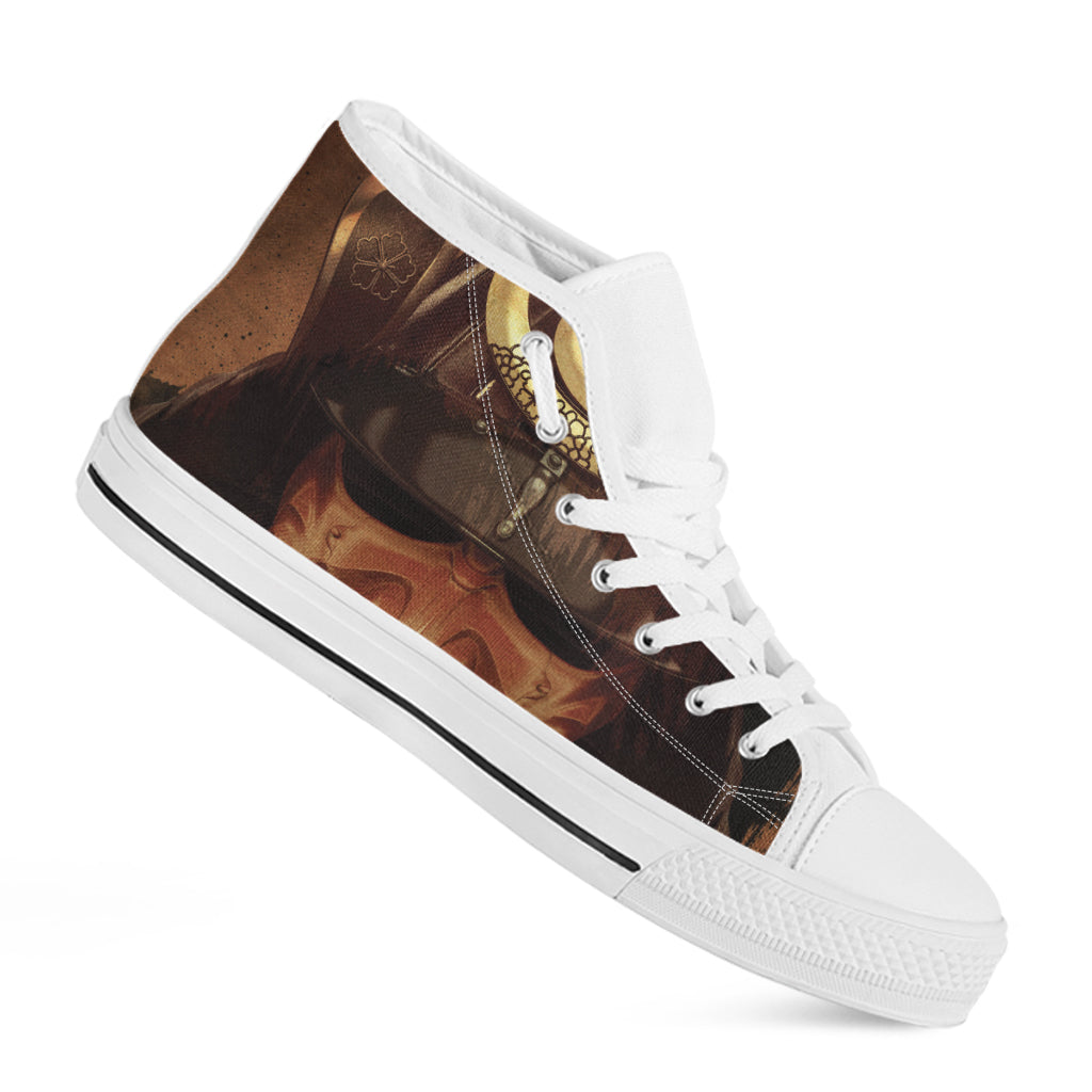 Old Japanese Samurai Mask Print White High Top Shoes